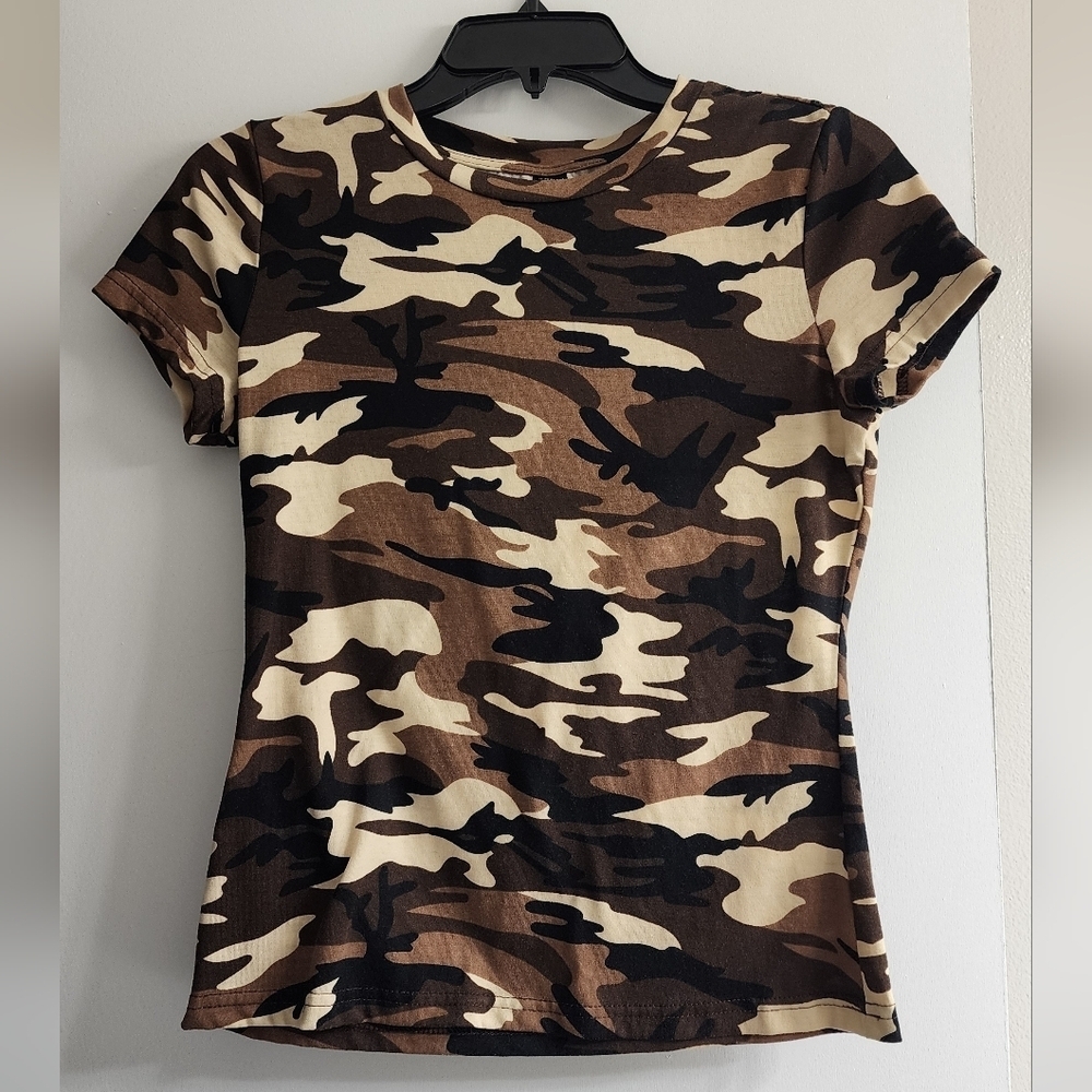 SHEIN Brown Camouflage Shirt Camo Green Beige Stretchy Large Like New Sexy - Picture 2 of 6